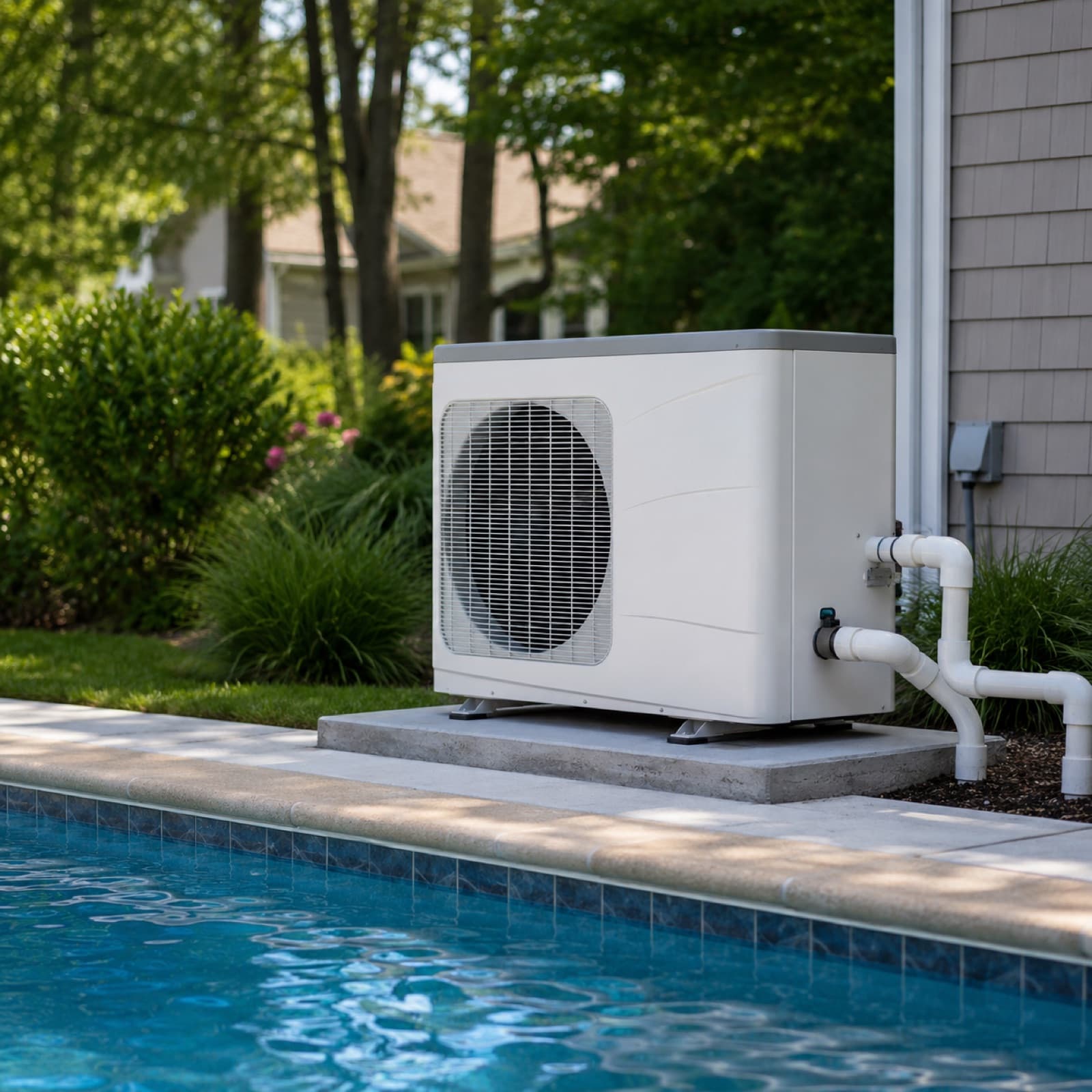 Pool heat pump being serviced beside an inground pool on Long Island Pool heat pump being serviced beside an inground pool on Long Island