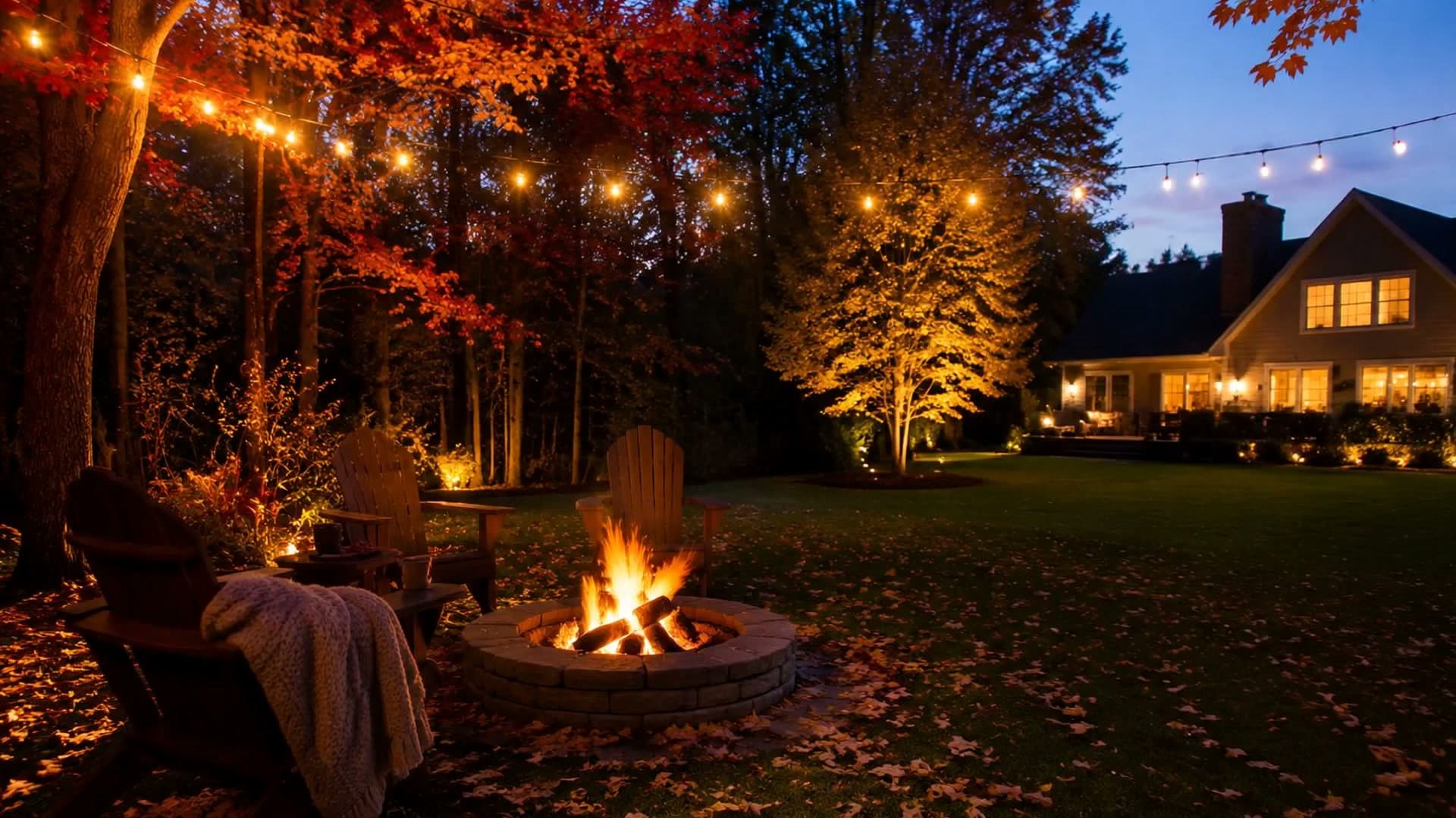 A cozy autumn backyard fire pit, with the home kept warm by Patchogue Heating and Air Conditioning A cozy Long Island backyard fire pit on a crisp autumn evening