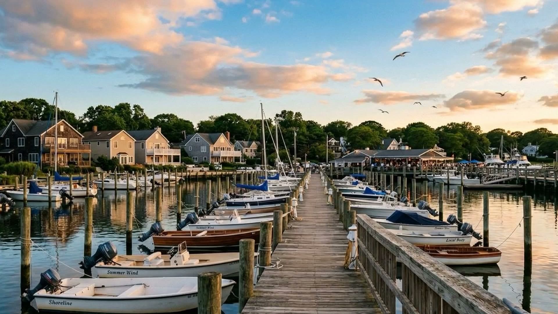 Golden hour at a Patchogue marina, served by Patchogue Heating and Air Conditioning Golden hour at a Patchogue marina on Long Island, boats docked along the pier