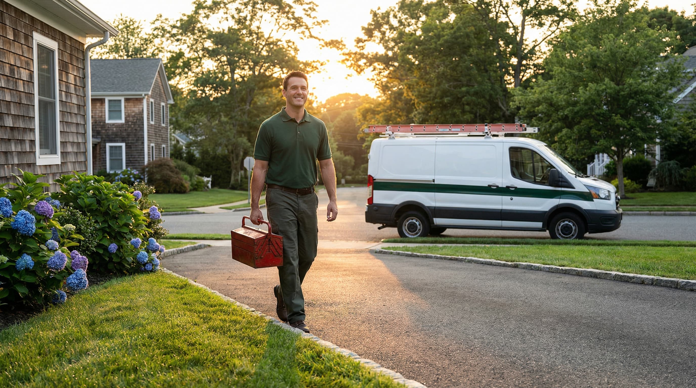 Patchogue Heating and Air Conditioning technician arriving for service Patchogue Heating and Air Conditioning technician walking up a Long Island driveway with service van