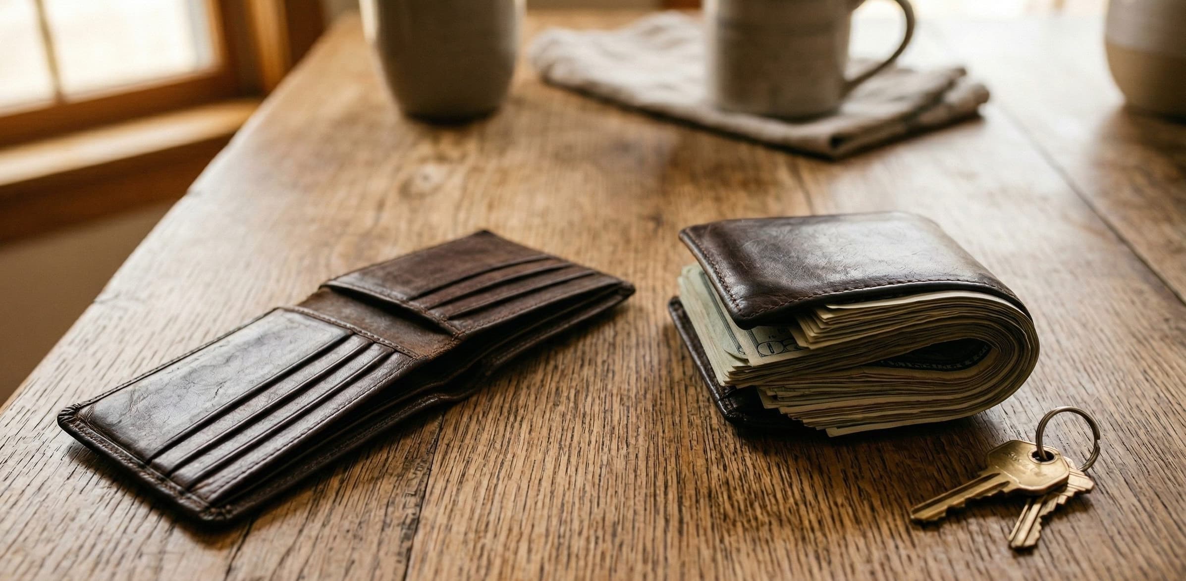 Empty wallet vs. full wallet on a kitchen table Empty wallet vs. full wallet on a kitchen table