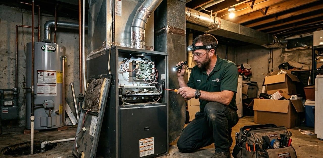 HVAC technician repairing a furnace in a basement HVAC technician repairing a furnace in a basement