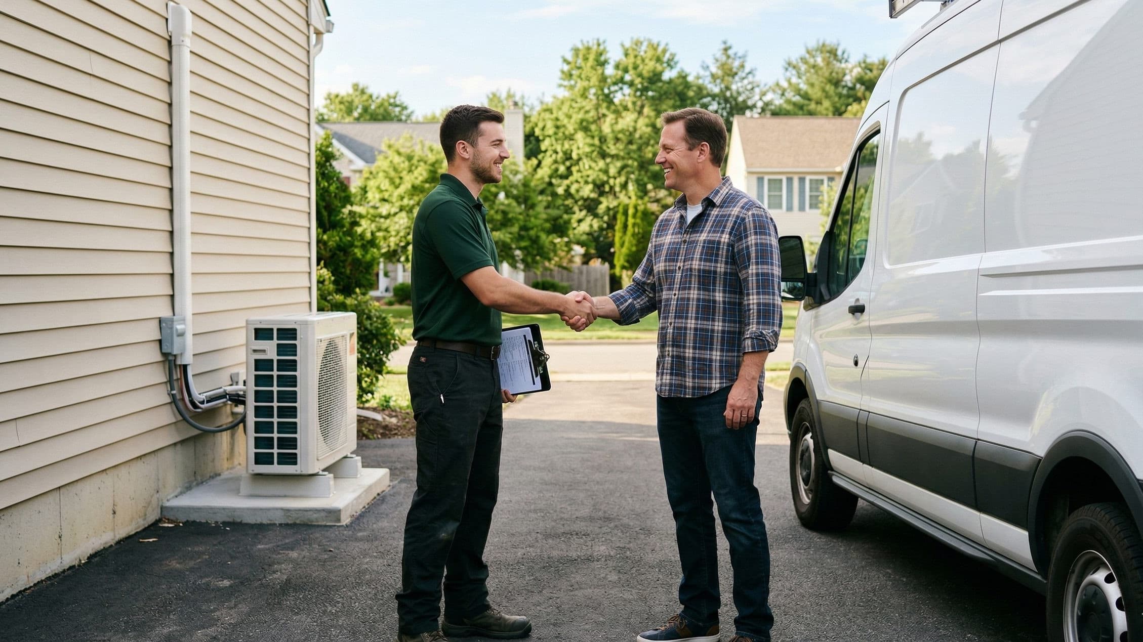 Patchogue Heating and Air Conditioning technician greeting a homeowner Patchogue Heating and Air Conditioning technician greeting a homeowner