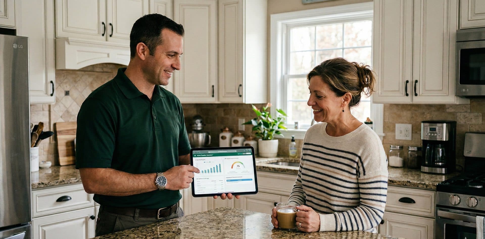 HVAC technician explaining system options to a Long Island homeowner HVAC technician explaining system options to a Long Island homeowner